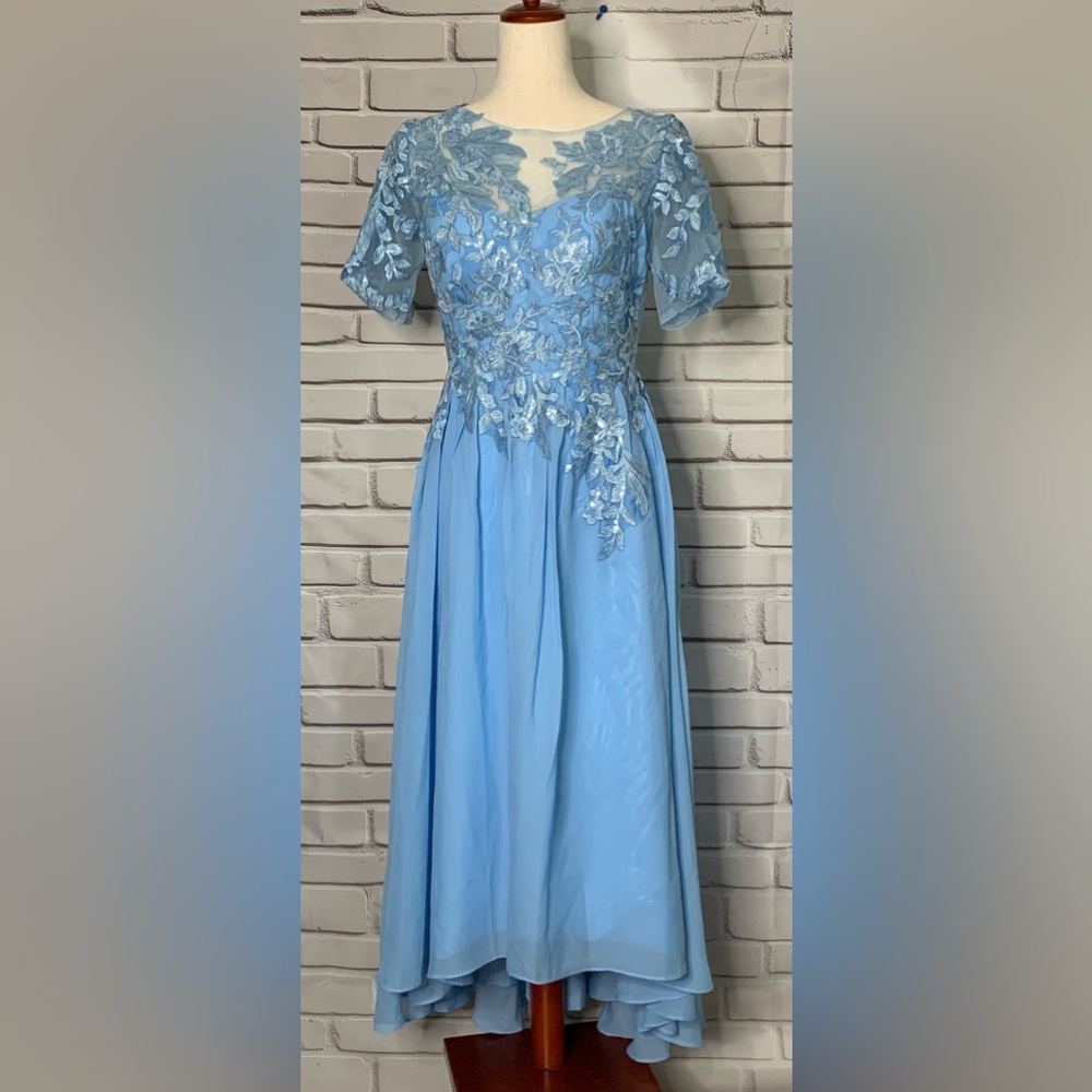 Light Blue Lace Appliqué High-Low Evening Dress